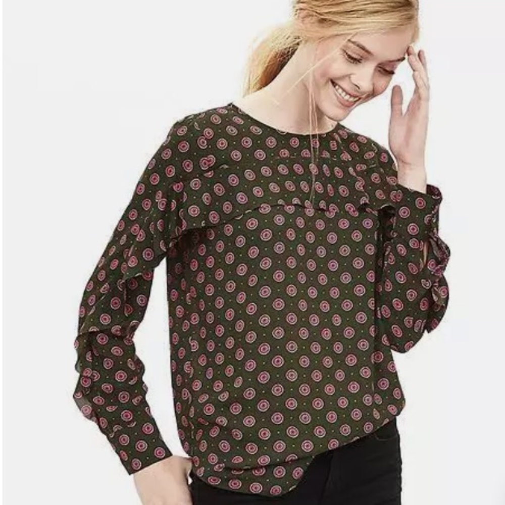 NWT Banana Republic Printed Ruffle-Front Blouse Green/Pink Polyester Size PXXS